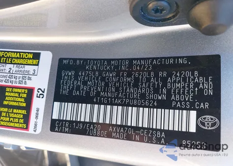 2023 Toyota Camry Se z USA, uszkodzony, nr VIN 4T1G11AK7PU805624